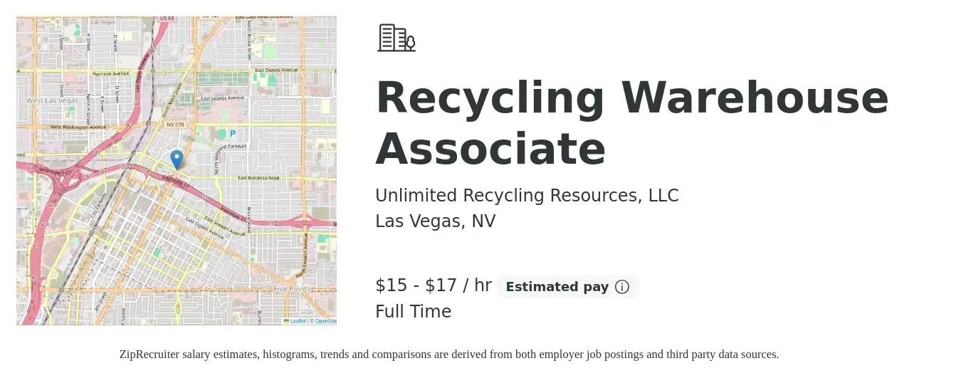 Unlimited Recycling Resources, LLC job posting for a Recycling Warehouse Associate in Las Vegas, NV with a salary of $16 to $18 Hourly with a map of Las Vegas location.