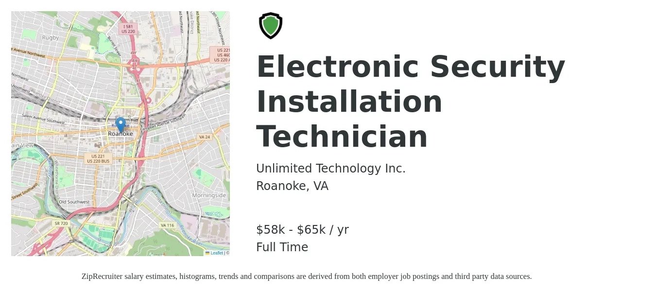 Unlimited Technology job posting for a Electronic Security Installation Technician in Roanoke, VA with a salary of $60,000 to $80,000 Yearly with a map of Roanoke location.