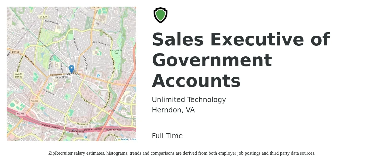 Unlimited Technology job posting for a Sales Executive of Government Accounts in Herndon, VA with a salary of $55,000 to $86,400 Yearly with a map of Herndon location.
