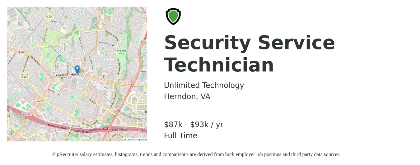 Unlimited Technology job posting for a Security Service Technician in Herndon, VA with a salary of $87,000 to $93,000 Yearly with a map of Herndon location.