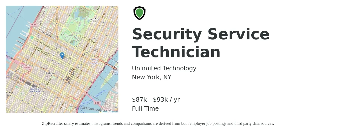 Unlimited Technology job posting for a Security Service Technician in New York, NY with a salary of $87,000 to $93,000 Yearly with a map of New York location.