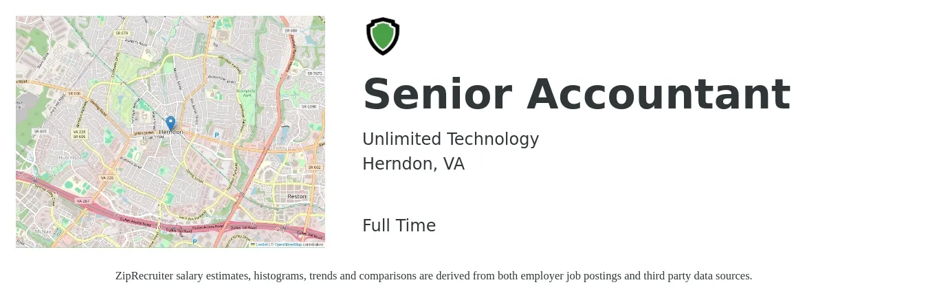 Unlimited Technology job posting for a Senior Accountant in Herndon, VA with a salary of $76,100 to $95,600 Yearly with a map of Herndon location.