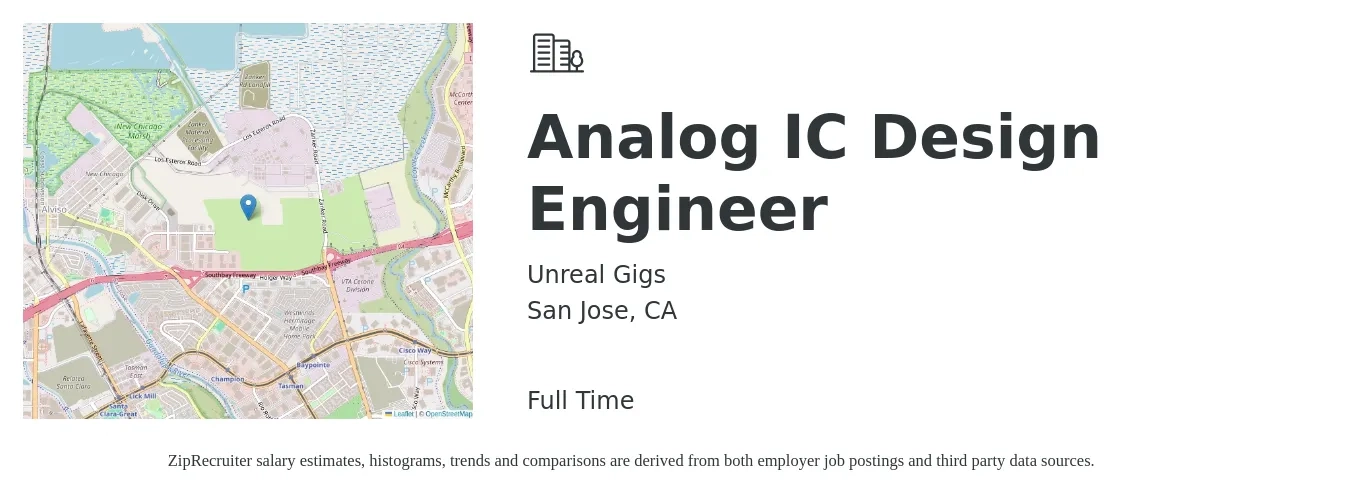 Unreal Gigs job posting for a Analog IC Design Engineer in San Jose, CA with a salary of $74,000 to $114,000 Yearly with a map of San Jose location.