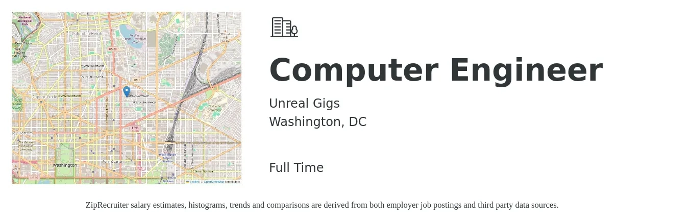 Unreal Gigs job posting for a Computer Engineer in Washington, DC with a salary of $120,000 to $170,000 Yearly with a map of Washington location.