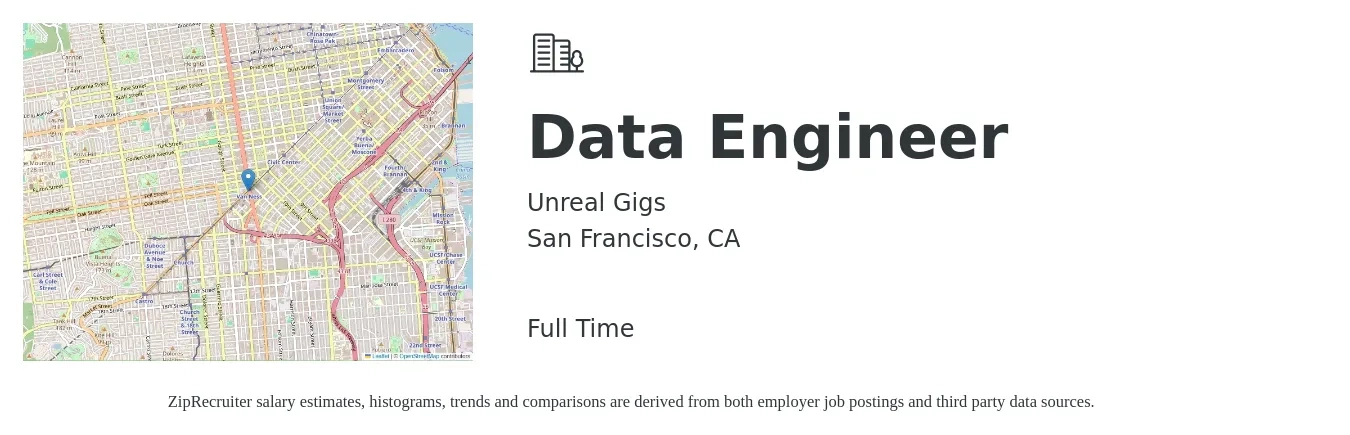 Unreal Gigs job posting for a Data Engineer in San Francisco, CA with a salary of $140,000 to $210,000 Yearly with a map of San Francisco location.