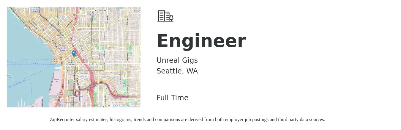 Unreal Gigs job posting for a Engineer in Seattle, WA with a salary of $150,000 to $200,000 Yearly with a map of Seattle location.