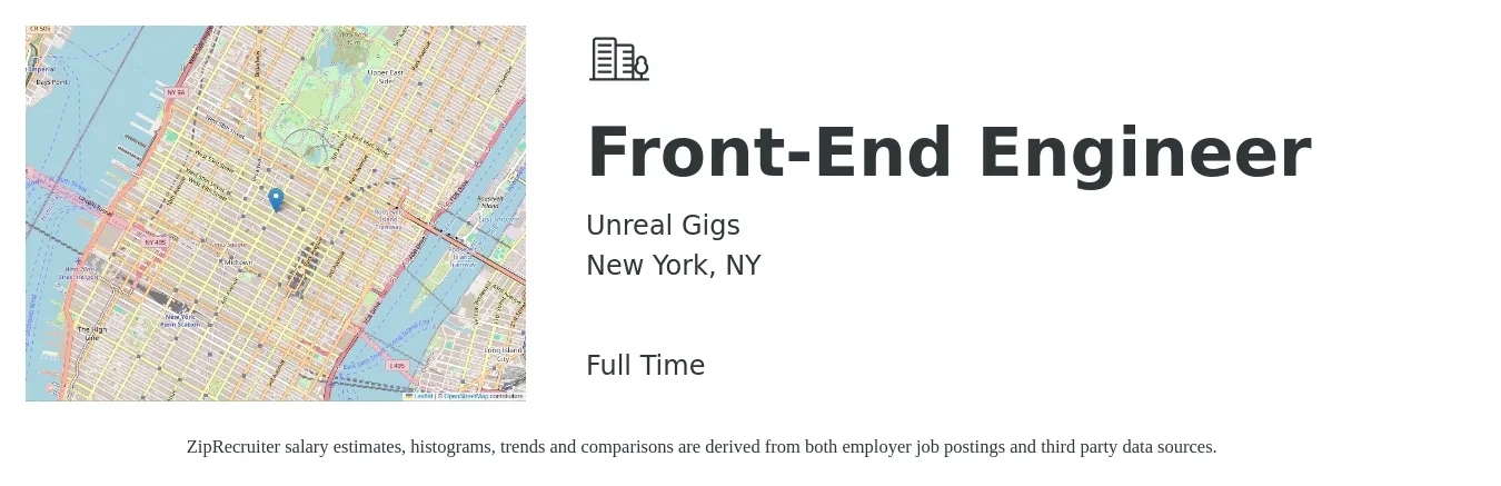 Unreal Gigs job posting for a Front-End Engineer in New York, NY with a salary of $140,000 to $190,000 Yearly with a map of New York location.