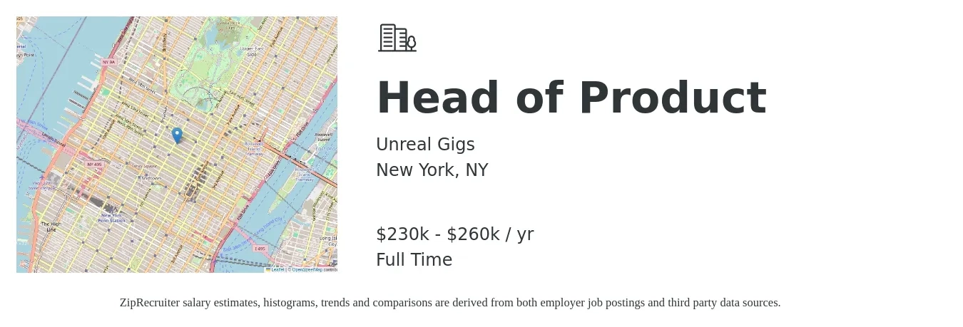 Unreal Gigs job posting for a Head of Product in New York, NY with a salary of $230,000 to $260,000 Yearly with a map of New York location.