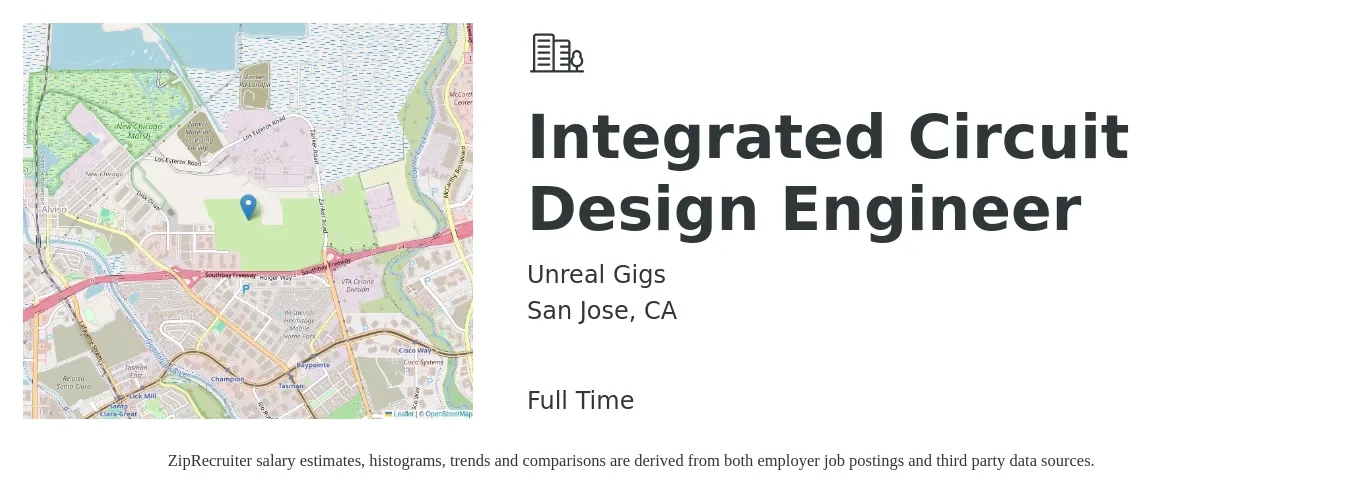Unreal Gigs job posting for a Integrated Circuit Design Engineer in San Jose, CA with a salary of $80,000 to $130,000 Yearly with a map of San Jose location.