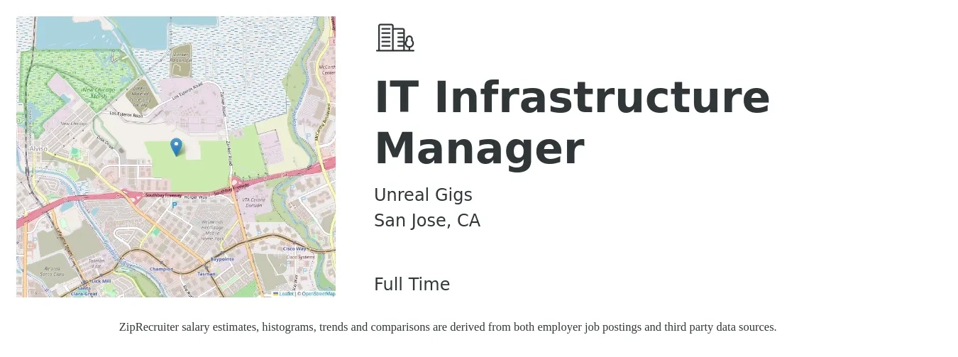 Unreal Gigs job posting for a IT Infrastructure Manager in San Jose, CA with a salary of $90,000 to $150,000 Yearly with a map of San Jose location.