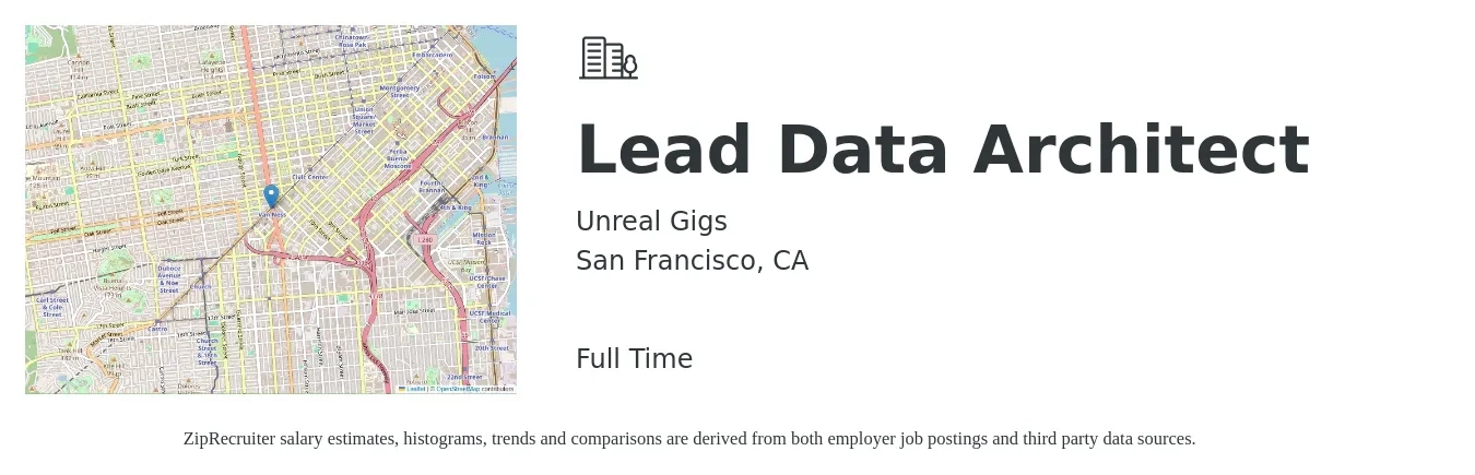 Unreal Gigs job posting for a Lead Data Architect in San Francisco, CA with a salary of $210,000 to $300,000 Yearly with a map of San Francisco location.
