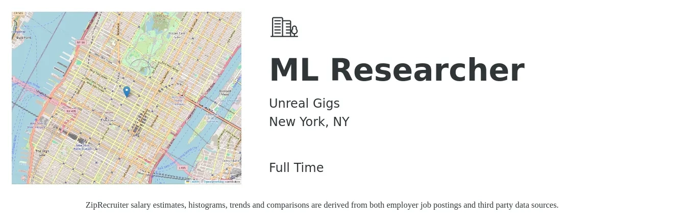 Unreal Gigs job posting for a ML Researcher in New York, NY with a salary of $73,300 to $168,500 Yearly with a map of New York location.