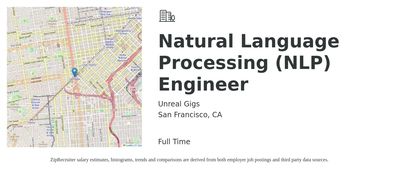 Unreal Gigs job posting for a Natural Language Processing (NLP) Engineer in San Francisco, CA with a salary of $150,000 to $230,000 Yearly with a map of San Francisco location.