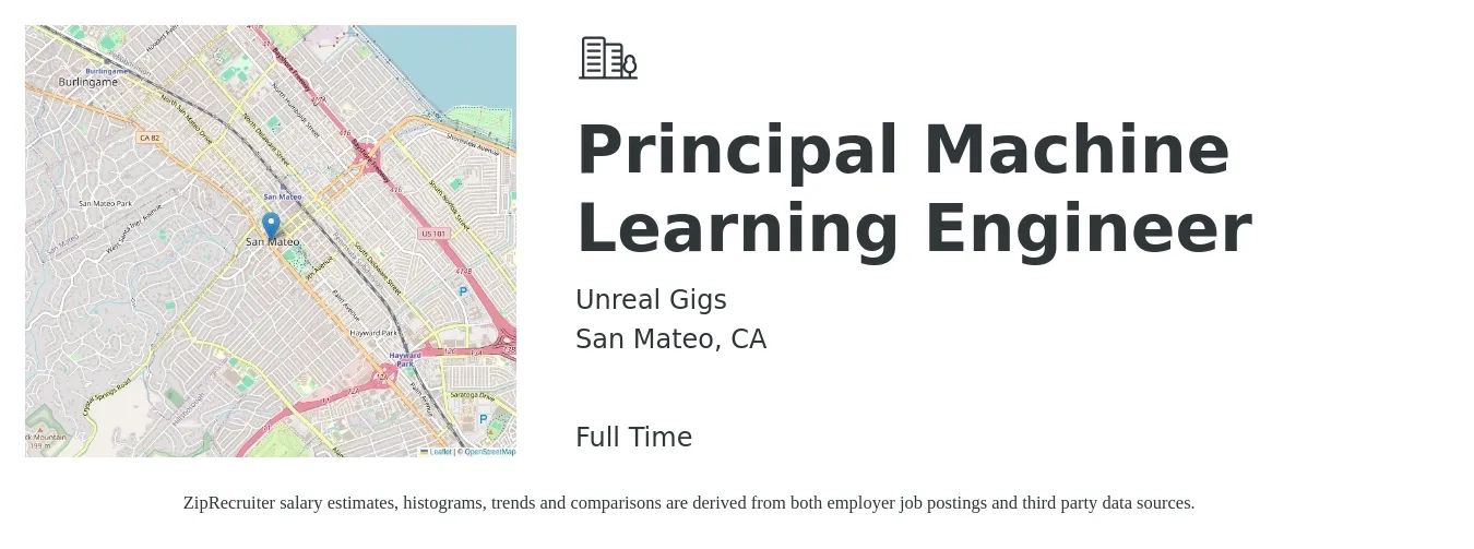 Unreal Gigs job posting for a Principal Machine Learning Engineer in San Mateo, CA with a salary of $135,000 to $197,000 Yearly with a map of San Mateo location.