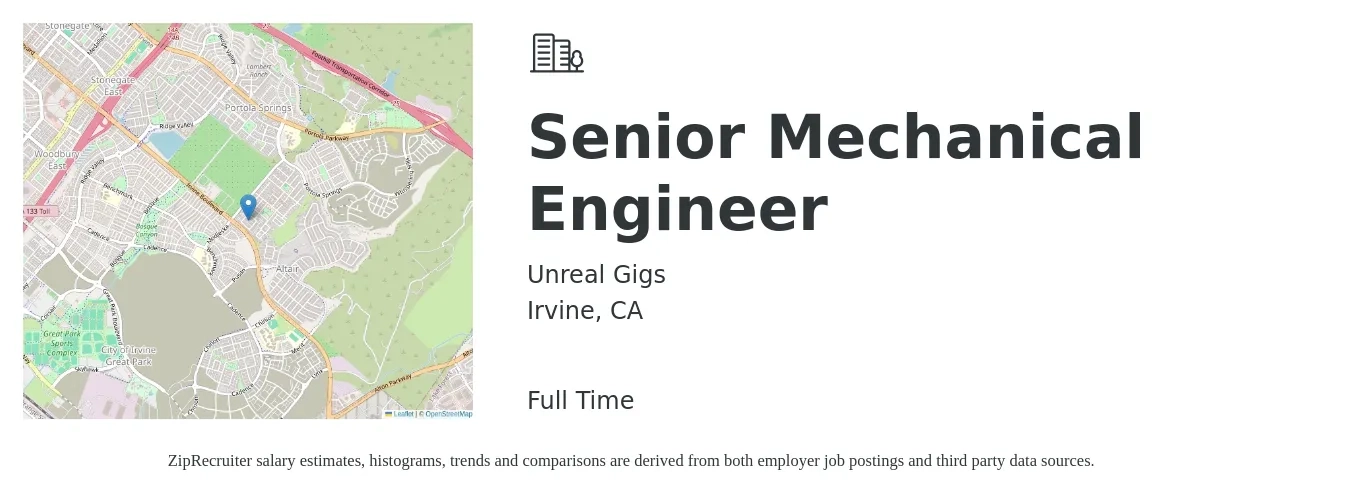 Unreal Gigs job posting for a Senior Mechanical Engineer in Irvine, CA with a salary of $112,200 to $148,100 Yearly with a map of Irvine location.