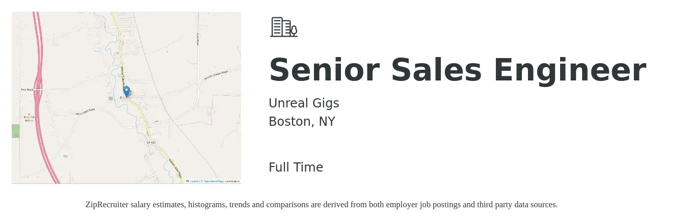 Unreal Gigs job posting for a Senior Sales Engineer in Boston, NY with a salary of $99,800 to $131,900 Yearly with a map of Boston location.