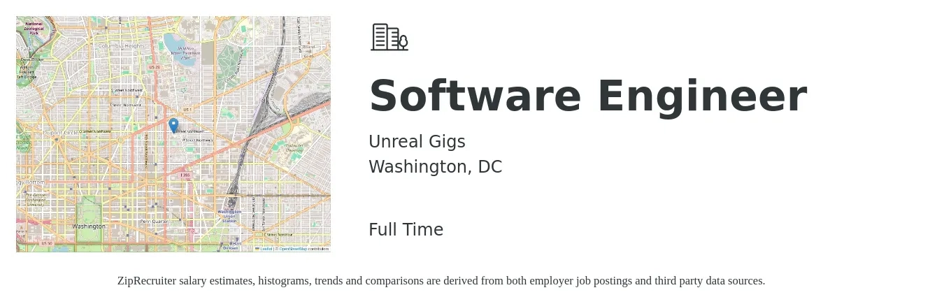 Unreal Gigs job posting for a Software Engineer in Washington, DC with a salary of $110,000 to $170,000 Yearly with a map of Washington location.