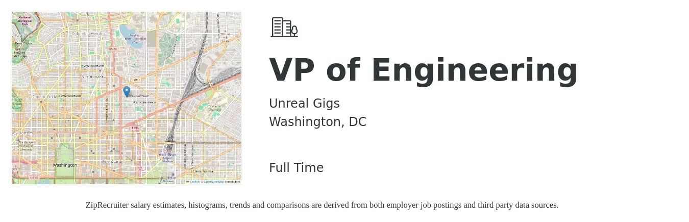 Unreal Gigs job posting for a VP of Engineering in Washington, DC with a salary of $203,900 to $262,800 Yearly with a map of Washington location.