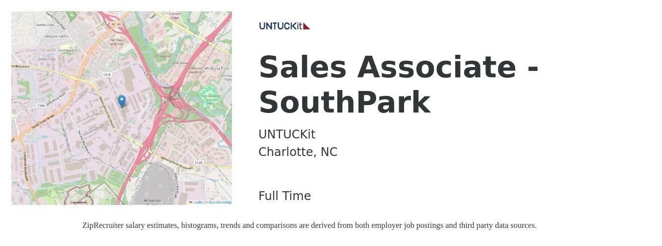 UNTUCKit job posting for a Sales Associate - SouthPark in Charlotte, NC with a salary of $13 to $18 Hourly with a map of Charlotte location.