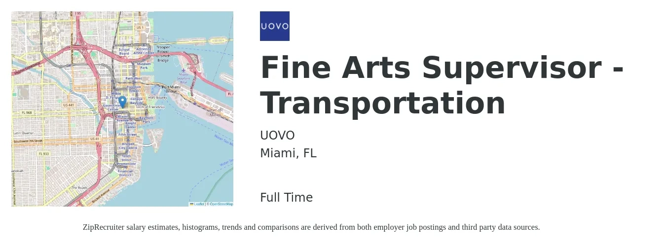 UOVO job posting for a Fine Arts Supervisor - Transportation in Miami, FL with a salary of $55,000 to $81,300 Yearly with a map of Miami location.