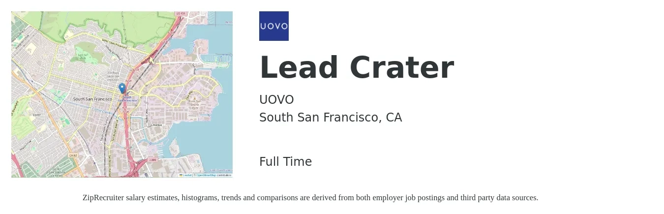 UOVO job posting for a Lead Crater in South San Francisco, CA with a salary of $22 to $27 Hourly with a map of South San Francisco location.