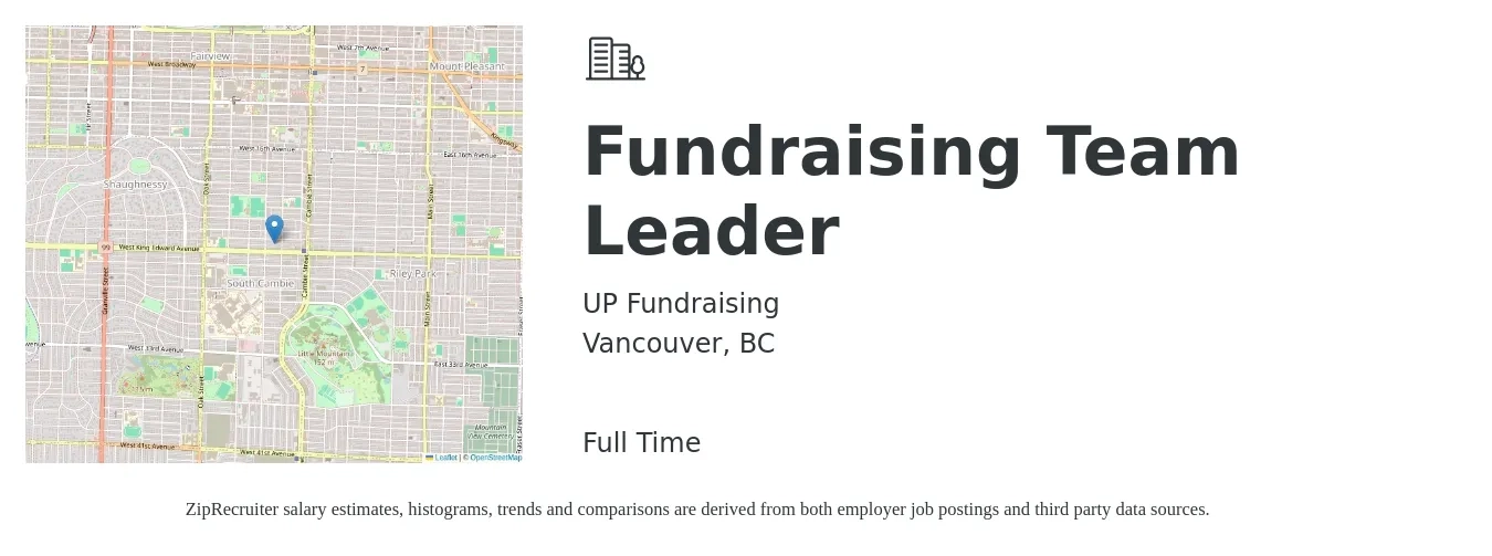 UP Fundraising job posting for a Fundraising Team Leader in Vancouver, BC with a map of Vancouver location.