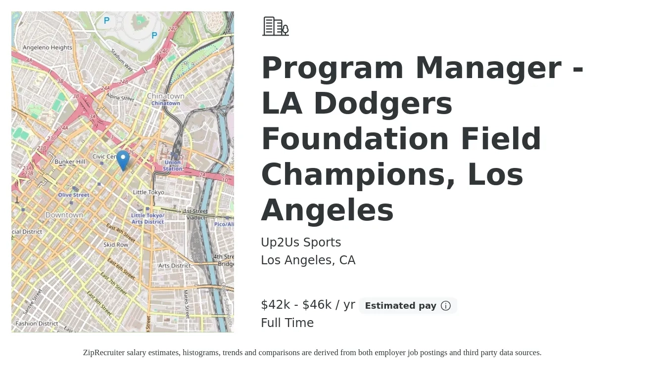 Up2Us Sports job posting for a Program Manager - LA Dodgers Foundation Field Champions, Los Angeles in Los Angeles, CA with a salary of $42,000 to $46,000 Yearly with a map of Los Angeles location.