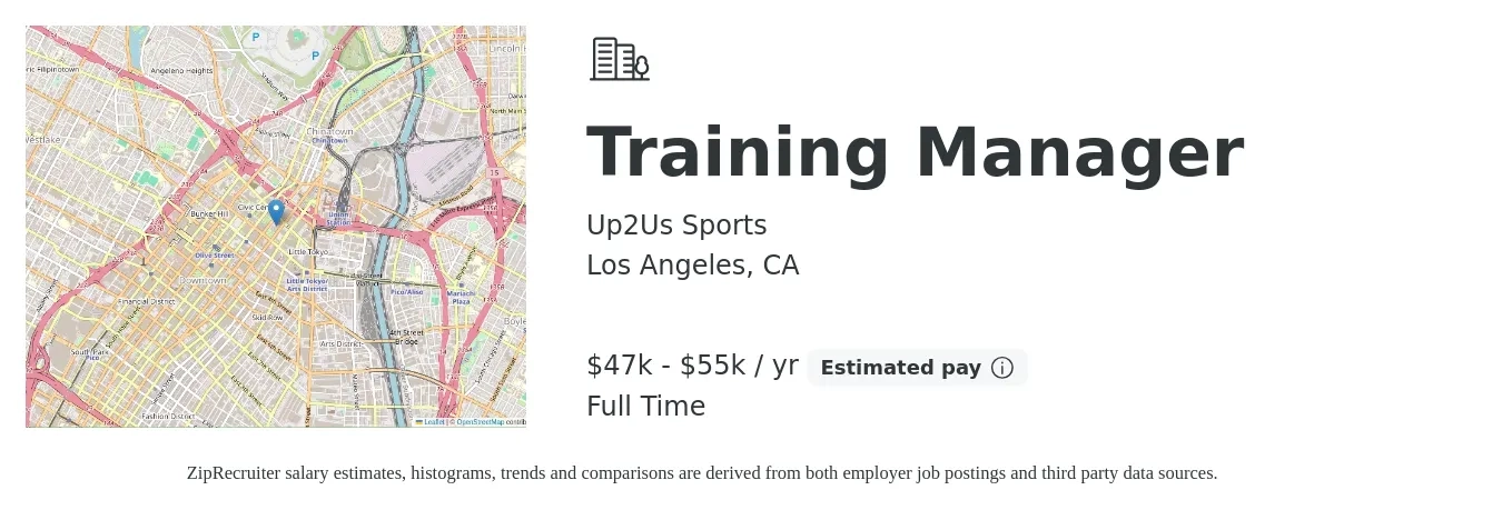 Up2Us Sports job posting for a Training Manager in Los Angeles, CA with a salary of $47,000 to $55,000 Yearly with a map of Los Angeles location.