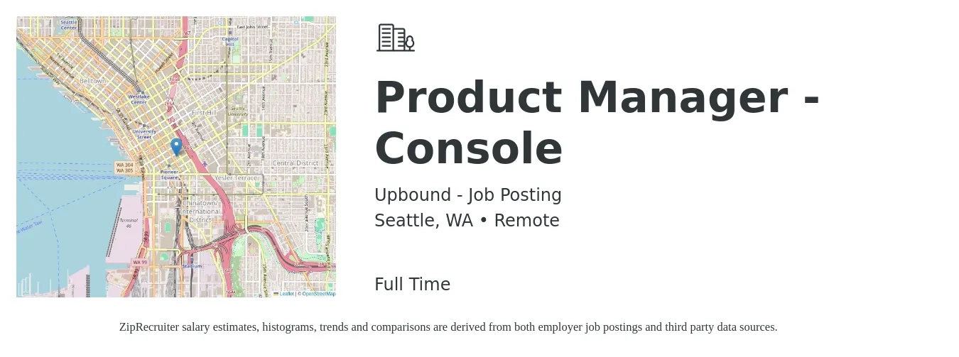 Upbound - Job Posting job posting for a Product Manager - Console in Seattle, WA with a salary of $160,500 to $224,200 Yearly with a map of Seattle location.