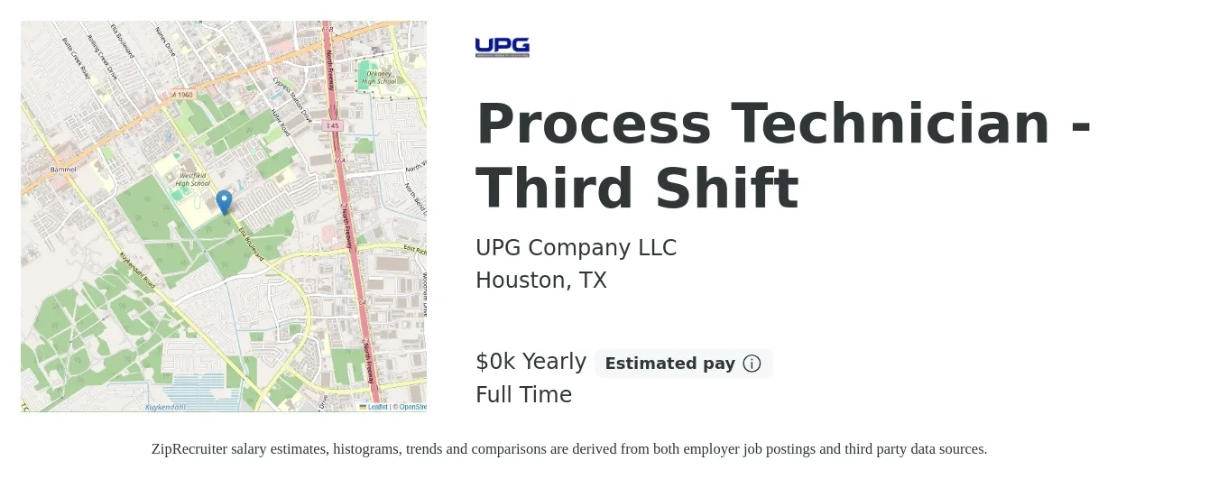 UPG Company LLC job posting for a Process Technician - Third Shift in Houston, TX with a salary of $25 to $30 Yearly with a map of Houston location.