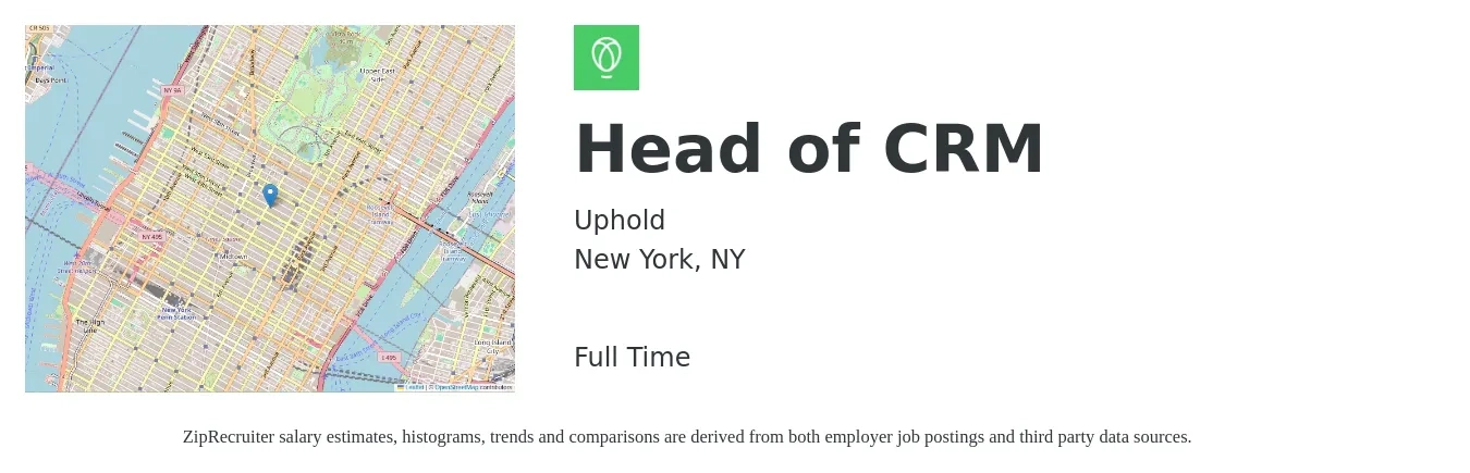 Uphold job posting for a Head of CRM in New York, NY with a salary of $66,000 to $145,200 Yearly with a map of New York location.