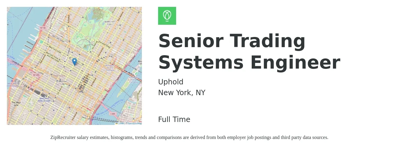 Uphold job posting for a Senior Trading Systems Engineer in New York, NY with a salary of $116,000 to $175,000 Yearly with a map of New York location.