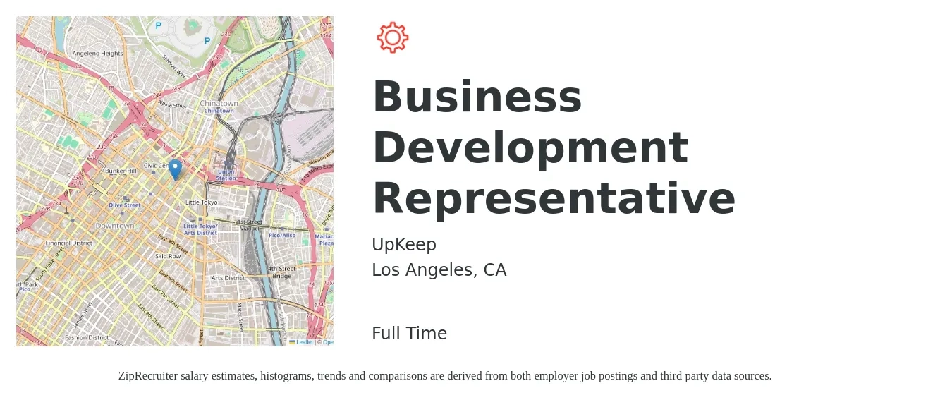 UpKeep job posting for a Business Development Representative in Los Angeles, CA with a salary of $48,500 to $75,400 Yearly with a map of Los Angeles location.