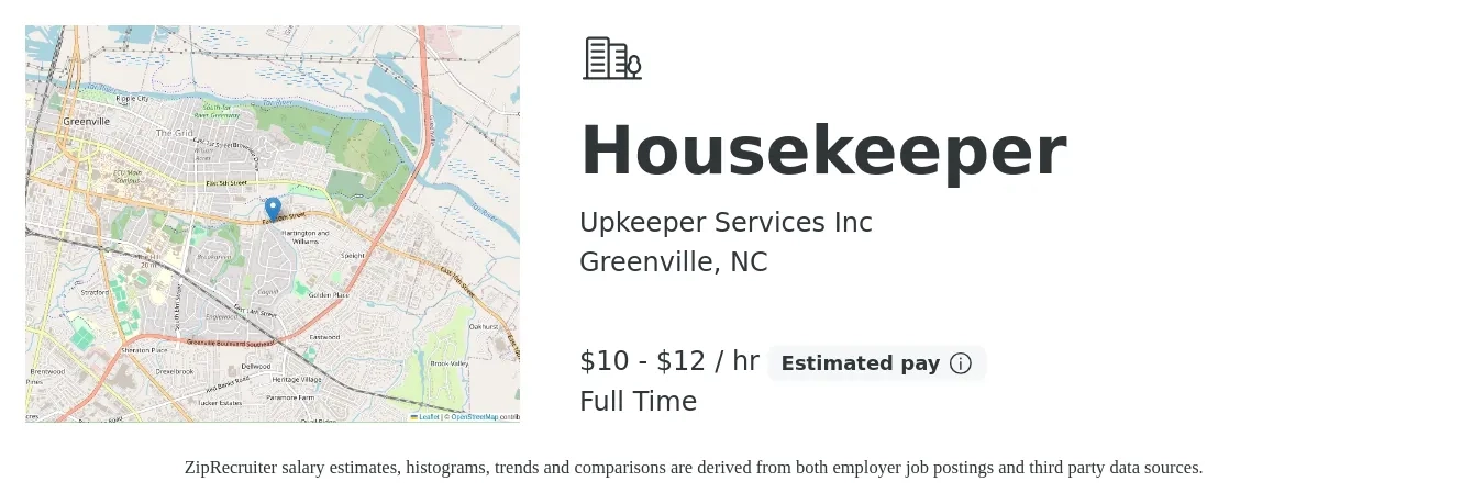 Upkeeper Services Inc job posting for a Housekeeper in Greenville, NC with a salary of $11 to $13 Hourly with a map of Greenville location.