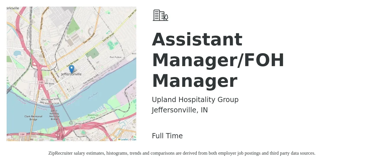 Upland Hospitality Group job posting for a Assistant Manager/FOH Manager in Jeffersonville, IN with a map of Jeffersonville location.