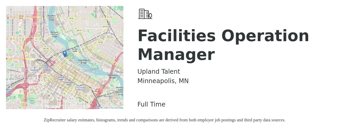 Upland Talent job posting for a Facilities Operation Manager in Minneapolis, MN with a salary of $54,300 to $90,100 Yearly with a map of Minneapolis location.