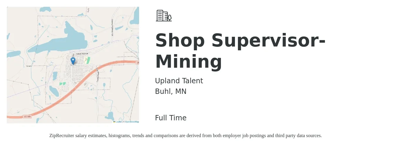 Upland Talent job posting for a Shop Supervisor-Mining in Buhl, MN with a salary of $49,900 to $79,900 Yearly with a map of Buhl location.