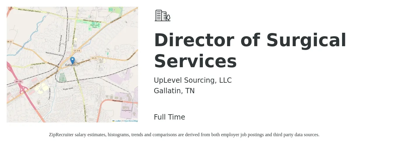 UpLevel Sourcing, LLC job posting for a Director of Surgical Services in Gallatin, TN with a salary of $115,100 to $145,200 Yearly with a map of Gallatin location.