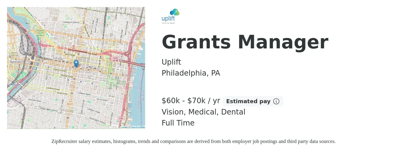 Uplift job posting for a Grants Manager in Philadelphia, PA with a salary of $60,000 to $70,000 Yearly and benefits including vision, dental, life_insurance, medical, pto, and retirement with a map of Philadelphia location.