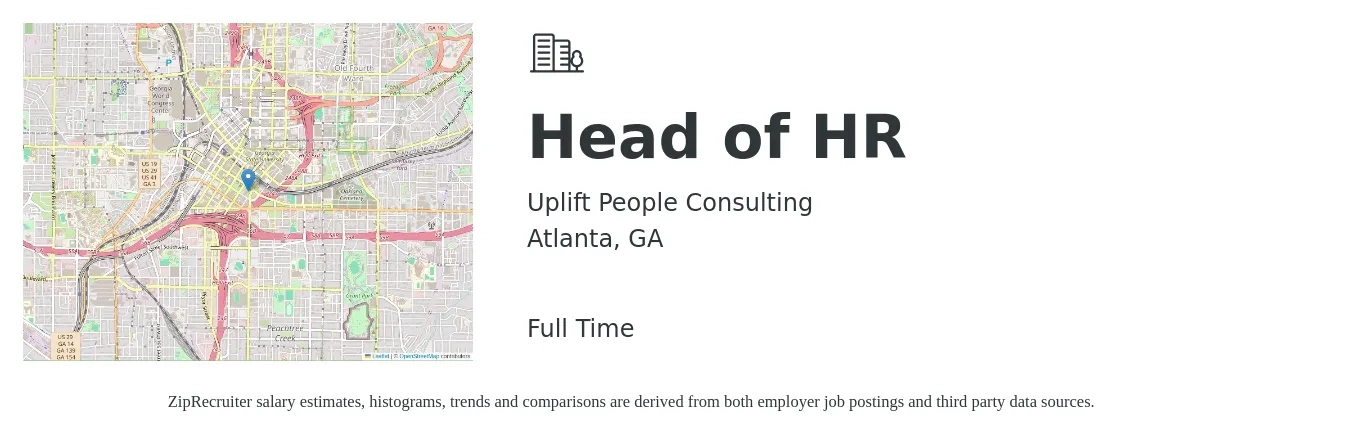 Uplift People Consulting job posting for a Head of HR in Atlanta, GA with a salary of $85,100 to $131,300 Yearly with a map of Atlanta location.