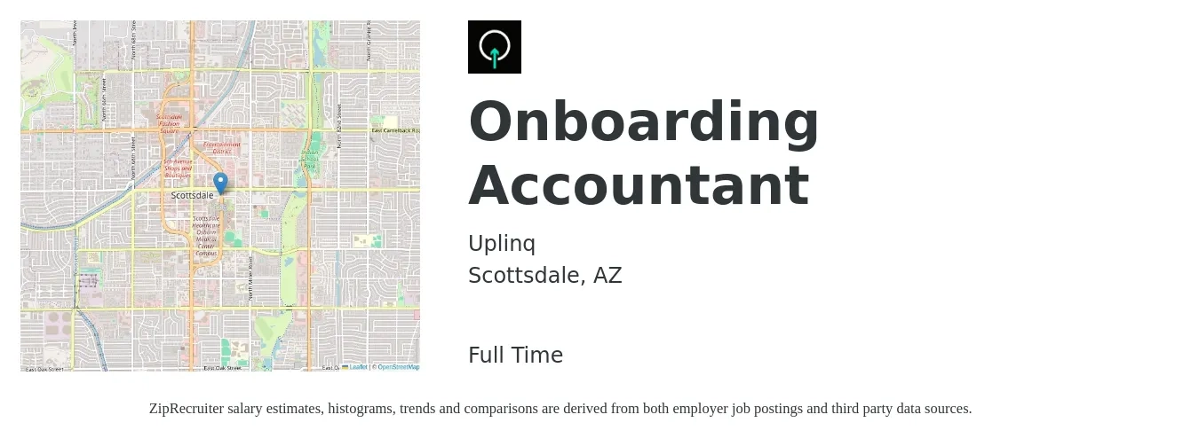 Uplinq job posting for a Onboarding Accountant in Scottsdale, AZ with a salary of $60,000 to $70,000 Yearly with a map of Scottsdale location.