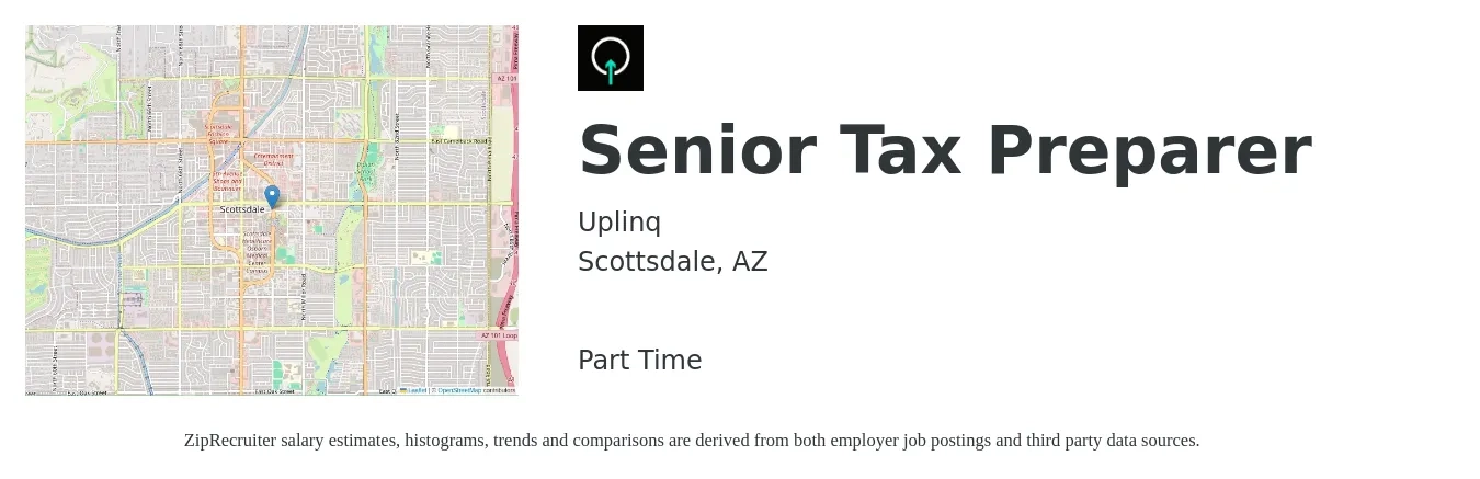 Uplinq job posting for a Senior Tax Preparer in Scottsdale, AZ with a salary of $30 to $35 Hourly with a map of Scottsdale location.