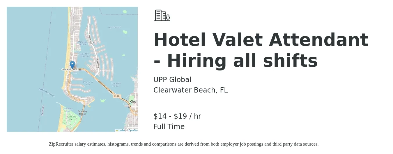 UPP Global job posting for a Hotel Valet Attendant - Hiring all shifts in Clearwater Beach, FL with a salary of $15 to $20 Hourly with a map of Clearwater Beach location.