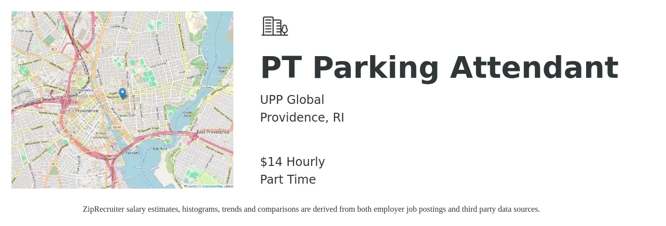 UPP Global job posting for a PT Parking Attendant in Providence, RI with a salary of $15 Hourly with a map of Providence location.