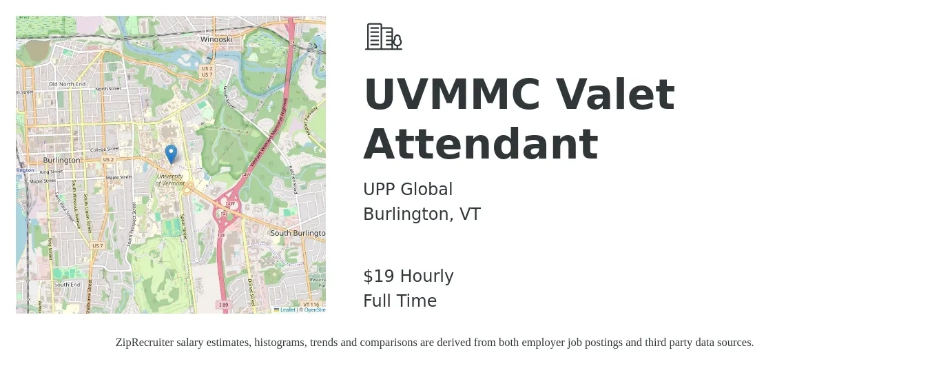 UPP Global job posting for a UVMMC Valet Attendant in Burlington, VT with a salary of $20 Hourly with a map of Burlington location.