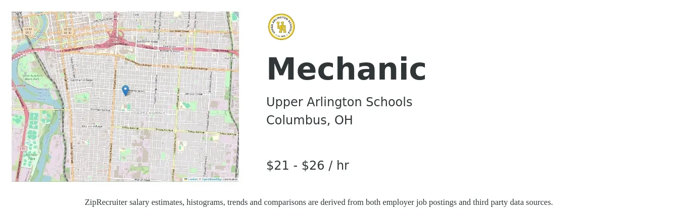 Upper Arlington Schools job posting for a Mechanic in Columbus, OH with a salary of $22 to $28 Hourly with a map of Columbus location.