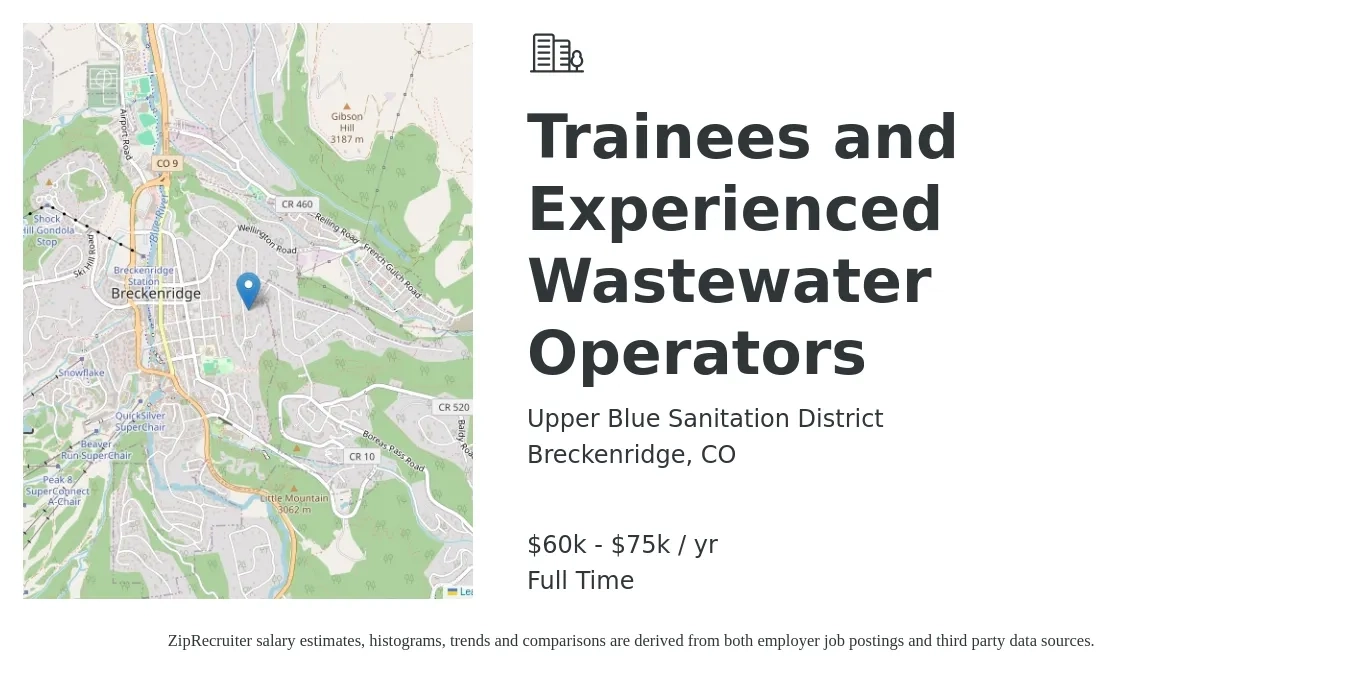 Upper Blue Sanitation District job posting for a Trainees and Experienced Wastewater Operators in Breckenridge, CO with a salary of $60,638 to $75,796 Yearly with a map of Breckenridge location.