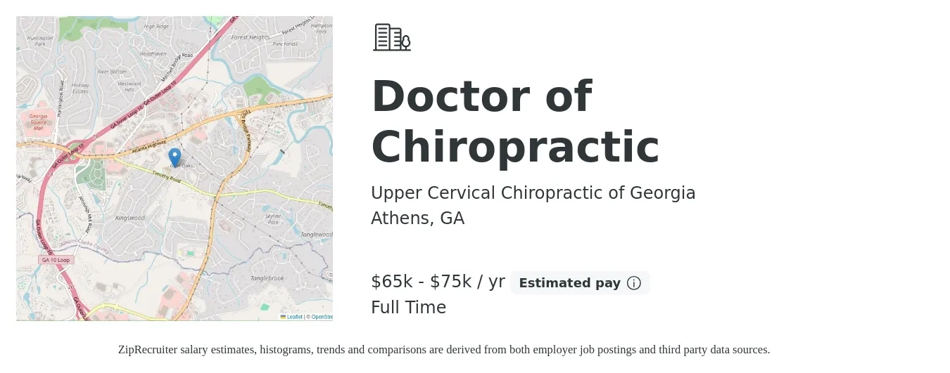 Upper Cervical Chiropractic of Georgia job posting for a Doctor of Chiropractic in Athens, GA with a salary of $65,000 to $75,000 Yearly with a map of Athens location.
