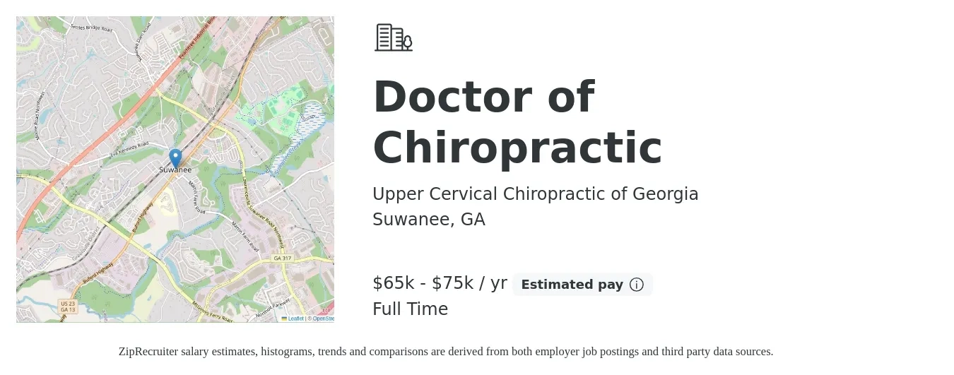 Upper Cervical Chiropractic of Georgia job posting for a Doctor of Chiropractic in Suwanee, GA with a salary of $65,000 to $75,000 Yearly with a map of Suwanee location.