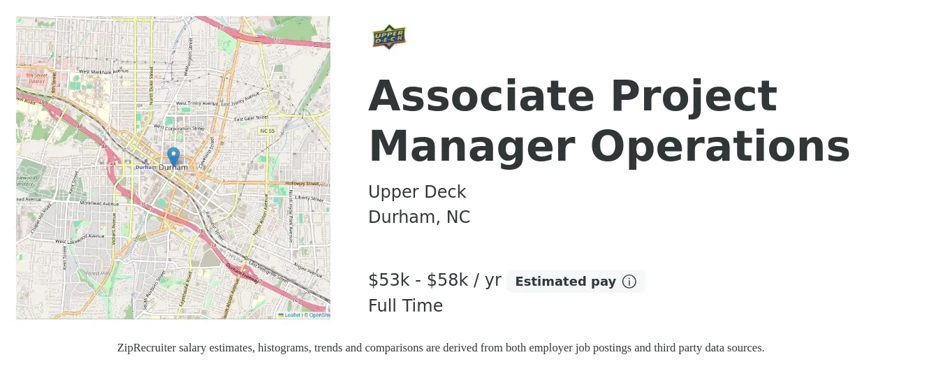 The Upper Deck Company job posting for a Associate Project Manager Operations in Durham, NC with a salary of $53,000 to $58,000 Yearly and benefits including dental, life_insurance, medical, retirement, and vision with a map of Durham location.
